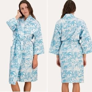 NWT Woodstock Laundry BLUE MONO SAFARI ON WHITE Kimono Robe Large Unisex